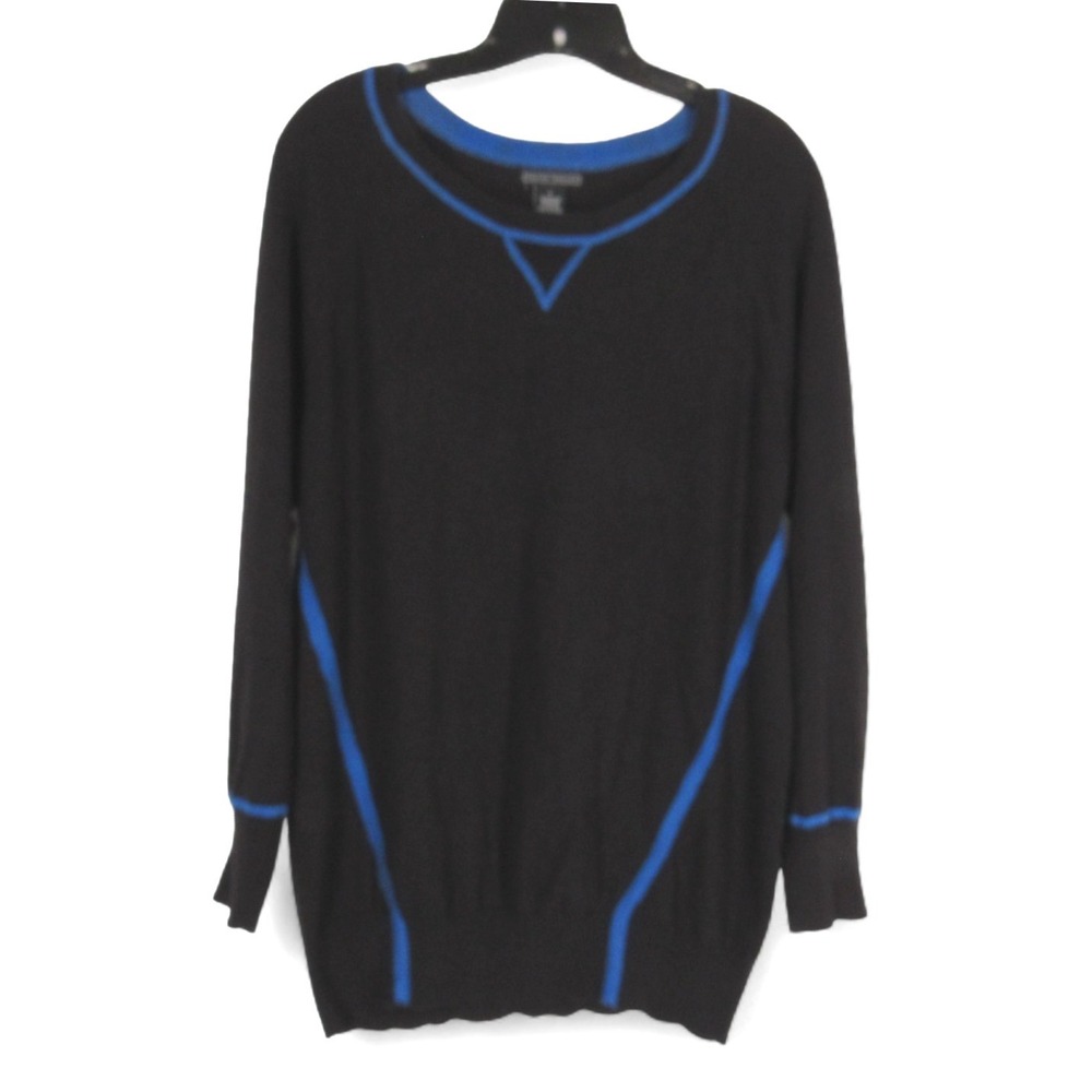 LAUREN HANSEN Black w/Blue Trim CASHMERE BLEND Ribbed Hem KNIT SWEATER Sz L